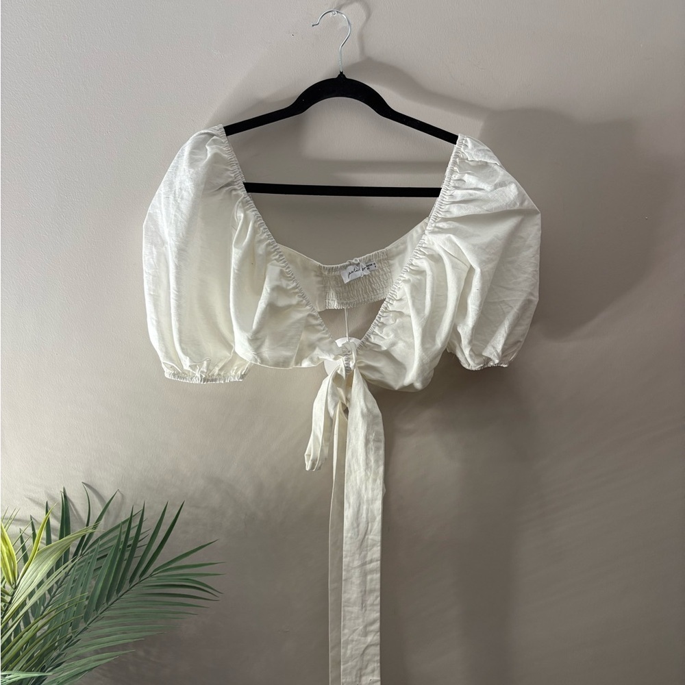 Petal + Pup White Puff Sleeve Tie Crop Top